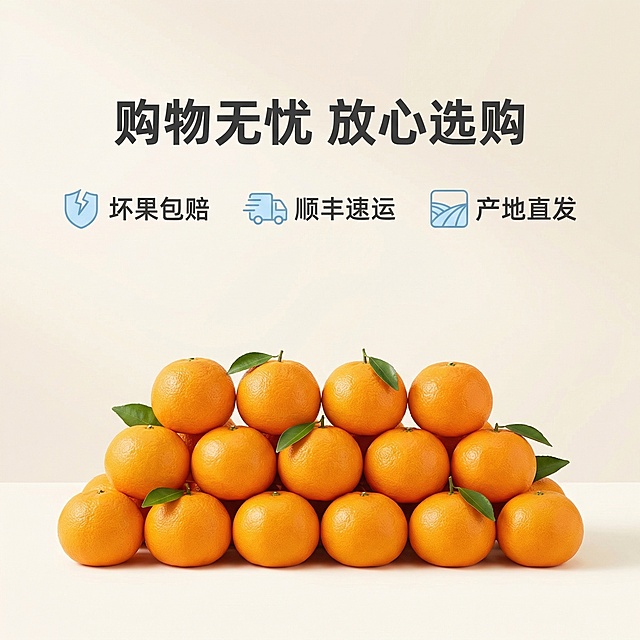 [垫图] https://cdn.dancf.com/fe-assets/20260313/9ed5cf309814be74bc807a3c094c4a1a.png
[主图主题] 无籽砂糖橘服务保障展示
[氛围/风格] 温柔治愈风，干净安心，柔和清爽
[画面元素] 新鲜的砂糖橘整齐堆放在画面下半部分，背景是浅渐变的暖米白色，画面干净通透，背景铺满全屏无边框
[配色色系] 主色调：橘橙色（砂糖橘）；辅助色：暖米白（背景）、浅草绿（叶子点缀）、浅蓝色（服务标识）
[视角构图] 平视角度，砂糖橘占画面下方40%，上方留白放置服务信息，构图平衡
[文字版式] 画面上方主标题“购物无忧 放心选购”，下方横向排列三个服务图标加文字：“坏果包赔”、“顺丰速运”、“产地直发”，字体为无衬线体，深灰色，悬浮在背景上，底部无额外色块，整体清晰明了
[比例分辨率] 1:1比例，2k分辨率