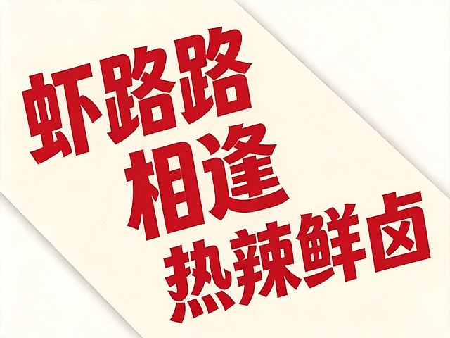 干净的米白色背景。平面艺术字体设计，四个字"虾路相逢"，四个字"热辣鲜卤"，参考参考图的斜向排列排版，厚重粗体异形笔画设计，纯红色字体，所有笔画为方正粗体异形设计，整体保留参考图的倾斜角度风格。仅包含文字："虾路相逢"、"热辣鲜卤"，不得增加、遗漏或替换任何一个字。比例4:3。
