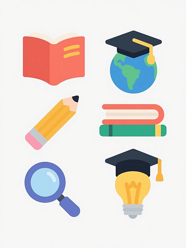 扁平风格插画，白色背景，6个不同配色、不同样式、不同材质的教育元素排列整齐，每个元素具有平滑边缘和简洁造型，明亮饱和的色彩，包括书本、铅笔、地球仪、放大镜、毕业帽、灯泡，元素间保持均匀间距，整体构图平衡对称，线条干净利落，无阴影或极简阴影处理，卡通化设计语言，适合教育主题的图标集。