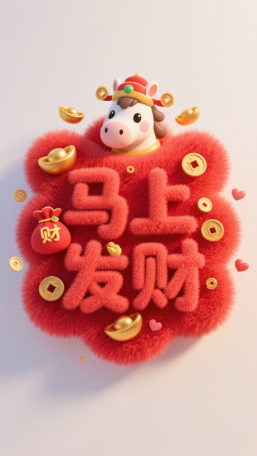 喜庆红色毛绒质感背景，大面积留白，中心不规则边框内是立体毛绒艺术字“马上发财”，上方露出一只超级可爱卡通小马财神的脑袋，小马戴着财神帽，周围搭配小金元宝、写“财”字的福袋、铜钱、小爱心等装饰，整体风格预览效果