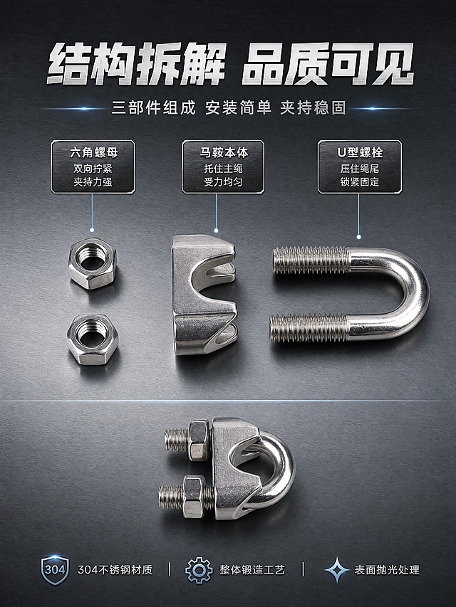 [商品] 使用【图2】不锈钢钢丝绳卡头拆解图（上方为两个六角螺母、马鞍本体、U型螺栓，下方为组装好的卡头）；保留各部件的结构、不锈钢银色金属质感、清晰螺纹，保留产品上刻印的规格数字，不改变部件比例和结构。
[画面] 目标：结构材质拆解页，展示三部件组成与材质工艺。上方约20%放主副标题；中部为拆解的三部件横向排列，每个部件用引线+标注框说明名称与特点；下方放组装好的卡头作参照；背景为深灰渐变，部件有投影悬浮感，整体冷调工业风。
[视觉] 套系策略：风格=工业五金专业商业摄影风；标题字=粗黑无衬线工业字体；正文字=简洁无衬线体；主色=深炭灰+不锈钢银；背景延展=基于深炭灰/冷灰做深浅渐变、金属拉丝纹理和细腻光影层次；强调色=亮银色/冷蓝高光，仅用于小面积图标、引线、标签和局部光效；标题色=纯白/亮银；正文色=浅灰/银灰；组件=直角深色信息卡、细线引线、金属质感标注框；光影=左前侧冷硬光，突出金属高光与棱角阴影。
[文字] 顶部主标题"结构拆解 品质可见"，副标题"三部件组成 安装简单 夹持稳固"；中部三个部件引线标注：「U型螺栓 · 压住绳尾 锁紧固定」「马鞍本体 · 托住主绳 受力均匀」「六角螺母 · 双向拧紧 夹持力强」；底部小字补充"304不锈钢材质 · 整体锻造工艺 · 表面抛光处理"；所有文字横向排版。
[规格] 图片比例3:4竖版，4K，负向提示：避免变形、错字、文字过小、暖色背景、部件缺失、螺纹模糊、表面划痕脏污。