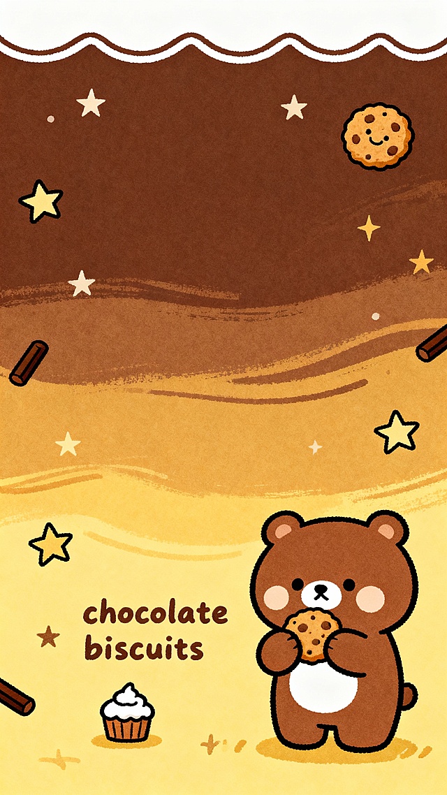 一幅手绘风格的卡通插画，整体采用温暖的棕黄色调，背景由上至下为深棕色渐变至浅黄色，顶部有一条白色的波浪线装饰。画面右下角有一只可爱的棕色小熊，它有着圆润的身体、白色的肚皮和脸颊，正双手捧着一块饼干，表情呆萌。小熊的左下方有一个带奶油顶的小蛋糕，旁边用手写体写着“chocolate biscuits”。画面中还点缀着几颗大小不一的星星图案，以及几根掉落的巧克力棒。右上角有一块带有笑脸表情的饼干装饰，整体氛围温馨可爱，充满童趣，线条柔和流畅，色彩过渡自然，营造出轻松愉悦的感觉。