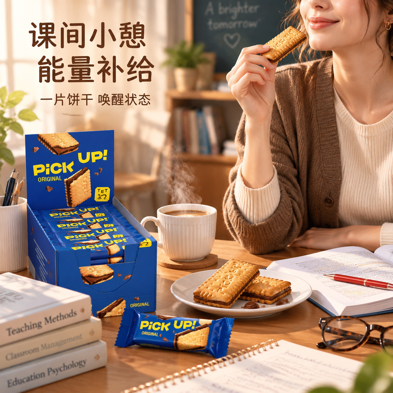 [主图-4] 场景代入图，任务是展示老师课间休息食用饼干的生活… - 图片创意预览