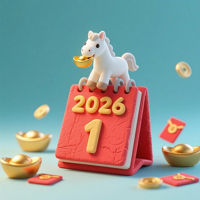 画面中心是带 “2026”字样在上方，“1”在下方，的红色台历，台历上方坐着持金元宝的白色小马，背景为纯色背景，周围环绕金元宝、小红包、装饰