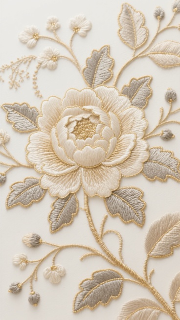米白色背景上，以浅金色和米灰色丝线绣制的大型花卉图案，主体为一朵盛开的多层花瓣花朵，周围环绕着形态各异的叶片、藤蔓和小型花苞，刺绣纹理清晰可见，花朵和叶片边缘有细腻的金线勾勒，整体呈现出精致典雅的浮雕质感，不同区域的刺绣纹路富有变化，有的地方丝线排列紧密形成饱满的花瓣层次，有的地方则以稀疏的线条表现叶片脉络和藤蔓缠绕的轻盈感，整体构图疏密有致，展现出细腻丰富的刺绣工艺细节。预览效果