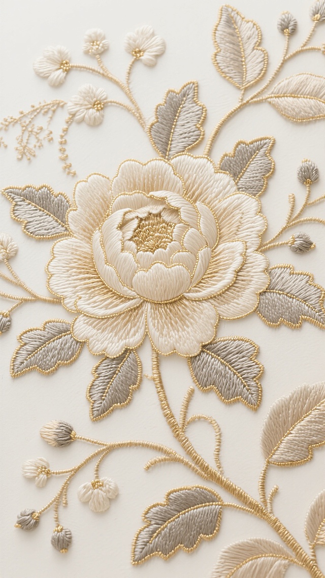 米白色背景上，以浅金色和米灰色丝线绣制的大型花卉图案，主体为一朵盛开的多层花瓣花朵，周围环绕着形态各异的叶片、藤蔓和小型花苞，刺绣纹理清晰可见，花朵和叶片边缘有细腻的金线勾勒，整体呈现出精致典雅的浮雕质感，不同区域的刺绣纹路富有变化，有的地方丝线排列紧密形成饱满的花瓣层次，有的地方则以稀疏的线条表现叶片脉络和藤蔓缠绕的轻盈感，整体构图疏密有致，展现出细腻丰富的刺绣工艺细节。