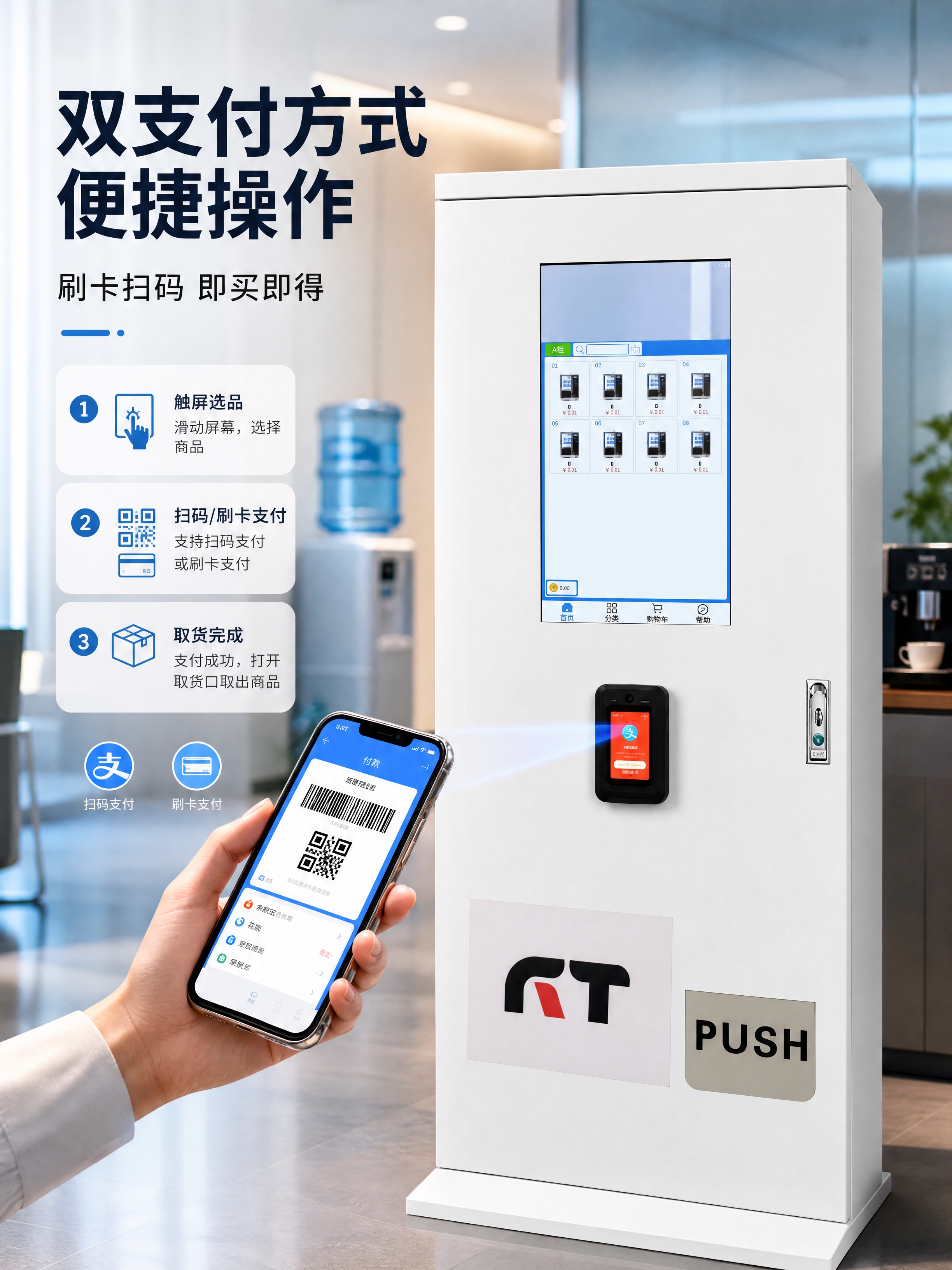 [商品] 使用【图1】立式白色自动售货机；保留整体结构、屏幕、… - 图片创意预览