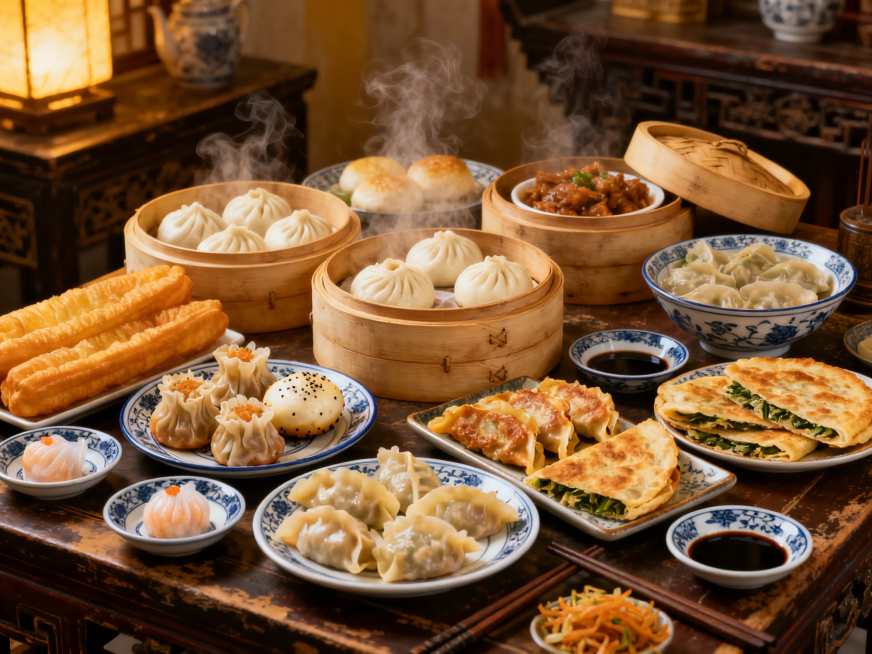 满满一桌各式各样的香喷喷中式面点，包含小笼包、生煎、锅贴、虾饺、烧卖、油条、萝卜丝饼、韭菜盒子，面点热气升腾，表皮看起来软韧酥脆兼具，搭配青花瓷小碟和醋碟，背景是古朴的中式餐桌，暖光烘托出浓郁的早餐烟预览效果