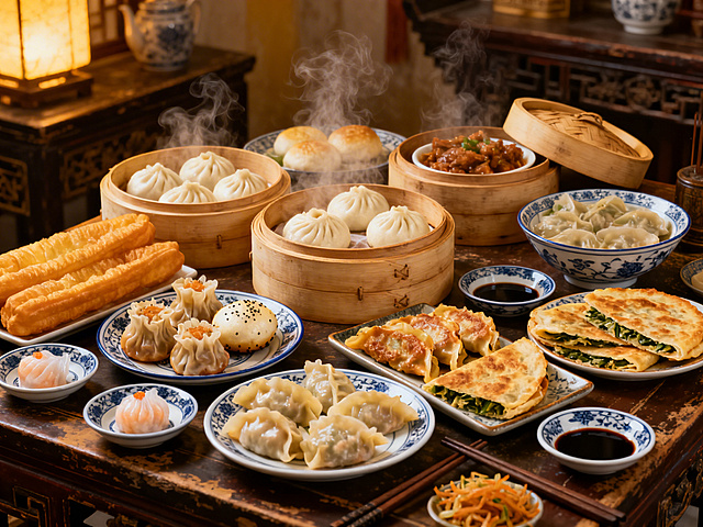 满满一桌各式各样的香喷喷中式面点，包含小笼包、生煎、锅贴、虾饺、烧卖、油条、萝卜丝饼、韭菜盒子，面点热气升腾，表皮看起来软韧酥脆兼具，搭配青花瓷小碟和醋碟，背景是古朴的中式餐桌，暖光烘托出浓郁的早餐烟火气，细节丰富食欲感拉满