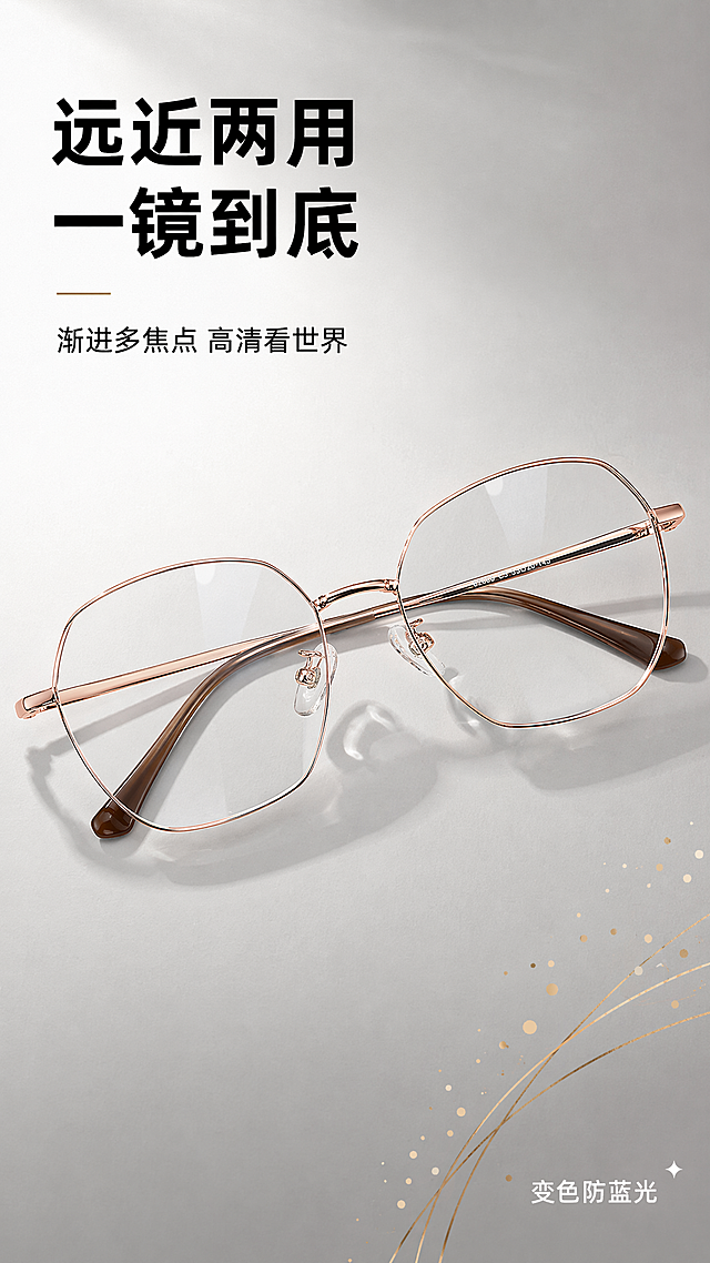 [第1屏] 详情页头图-新远近两用渐进多焦点老花镜产品宣传海报。
[风格] 简约高级商业风，浅灰背景，高清摄影质感。
[布局] 本屏使用【图1】，老花镜放画面中心，占比65%，保持玫瑰金色多边形全框、深棕镜腿、透明鼻托外观材质与原图一致。左上角预留标题区，右下角浅金点缀，不遮挡主体。
[光影] 左前柔光打亮金属镜框，右下方自然投影，镜片通透。
[配色] 底色#F0F0F0，主体玫瑰金+深棕，文字黑色，辅助浅金色。
[构图] 正面微斜，产品居中，干净简洁。
[文字] 左上主标题「远近两用 一镜到底」加粗，副标题「渐进多焦点 高清看世界」，右下标注「变色防蓝光」白色小字。
[参数] 9:16，2K，文字清晰。
[负向] 产品变形，颜色偏差，背景杂乱，文字错乱
