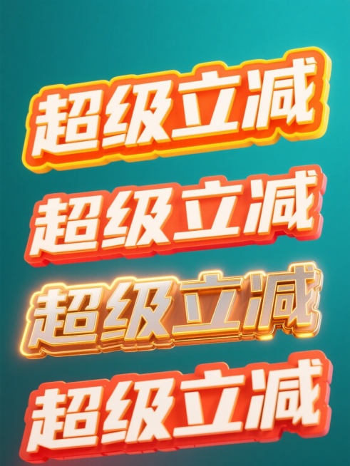 一组4个电商促销主题的“超级立减”四字文案设计，每个设计均采用鲜明的橙红色渐变背景，搭配醒目立体的白色粗体艺术字，文字边缘有明亮的黄色高光和金色描边，营造出强烈的视觉冲击力和促销氛围，整体风格活泼、醒目，符合电商促销吸引眼球的需求，需保持文字内容为“超级立减”，并通过变换不同的材质质感（如光泽金属感、磨砂质感、霓虹发光效果、复古手绘质感）和细微风格调整（如字体边缘的装饰变化、背景纹理的微妙差异……预览效果