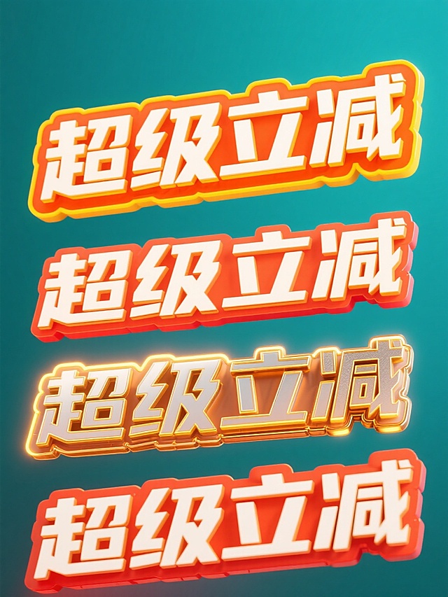 一组4个电商促销主题的“超级立减”四字文案设计，每个设计均采用鲜明的橙红色渐变背景，搭配醒目立体的白色粗体艺术字，文字边缘有明亮的黄色高光和金色描边，营造出强烈的视觉冲击力和促销氛围，整体风格活泼、醒目，符合电商促销吸引眼球的需求，需保持文字内容为“超级立减”，并通过变换不同的材质质感（如光泽金属感、磨砂质感、霓虹发光效果、复古手绘质感）和细微风格调整（如字体边缘的装饰变化、背景纹理的微妙差异）来实现多样性，每个设计都应具有清晰的视觉焦点和高效的信息传达能力，适合电商平台的广告宣传使用。