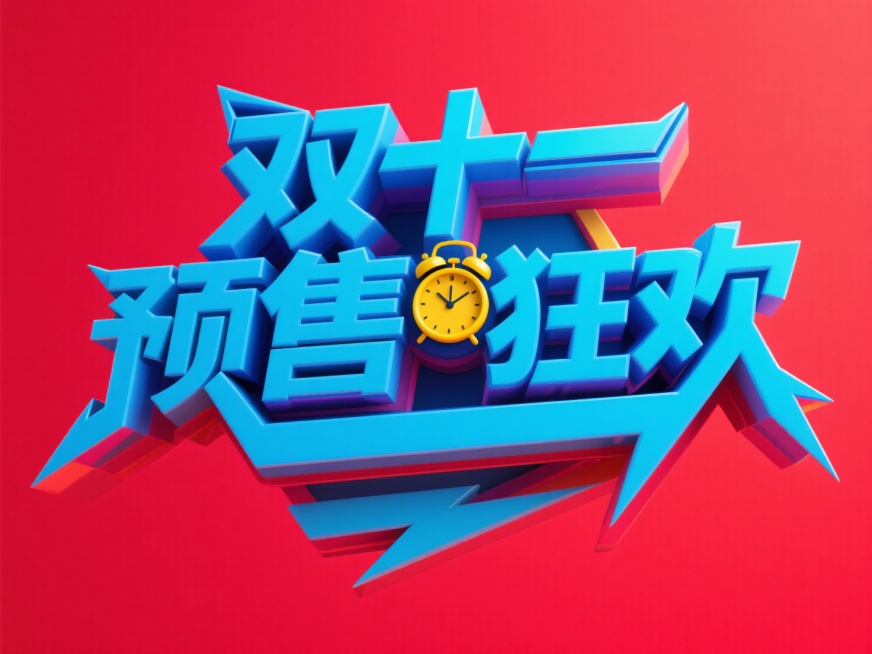 3D尖锐的字体设计，蓝色“双十一 预售狂欢”，黄色闹钟嵌入在文字里，双层字效结构。红色背景预览效果