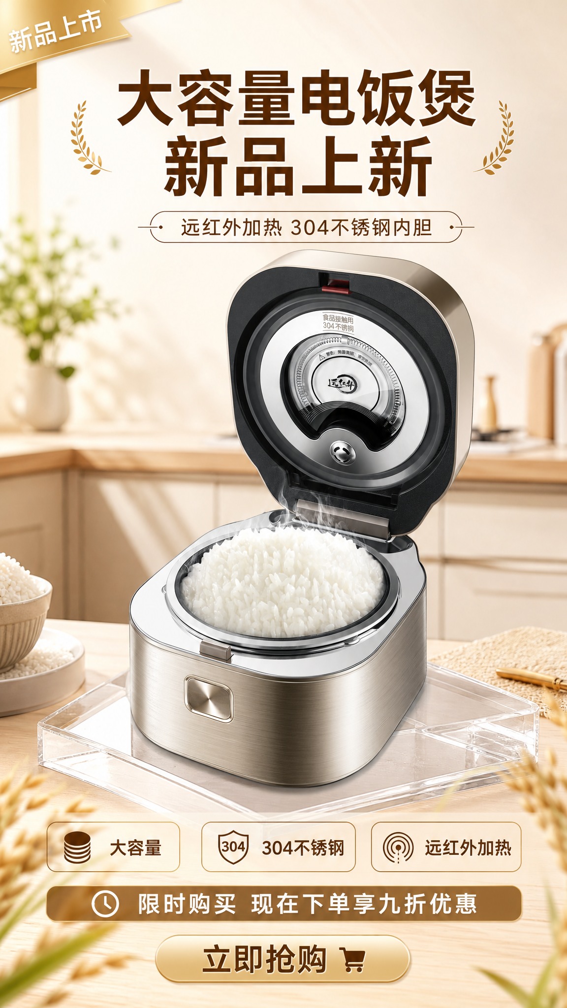 电商新品上新海报，电饭煲为第一视觉焦点，占据画面主导比例。电饭… - 图片创意预览