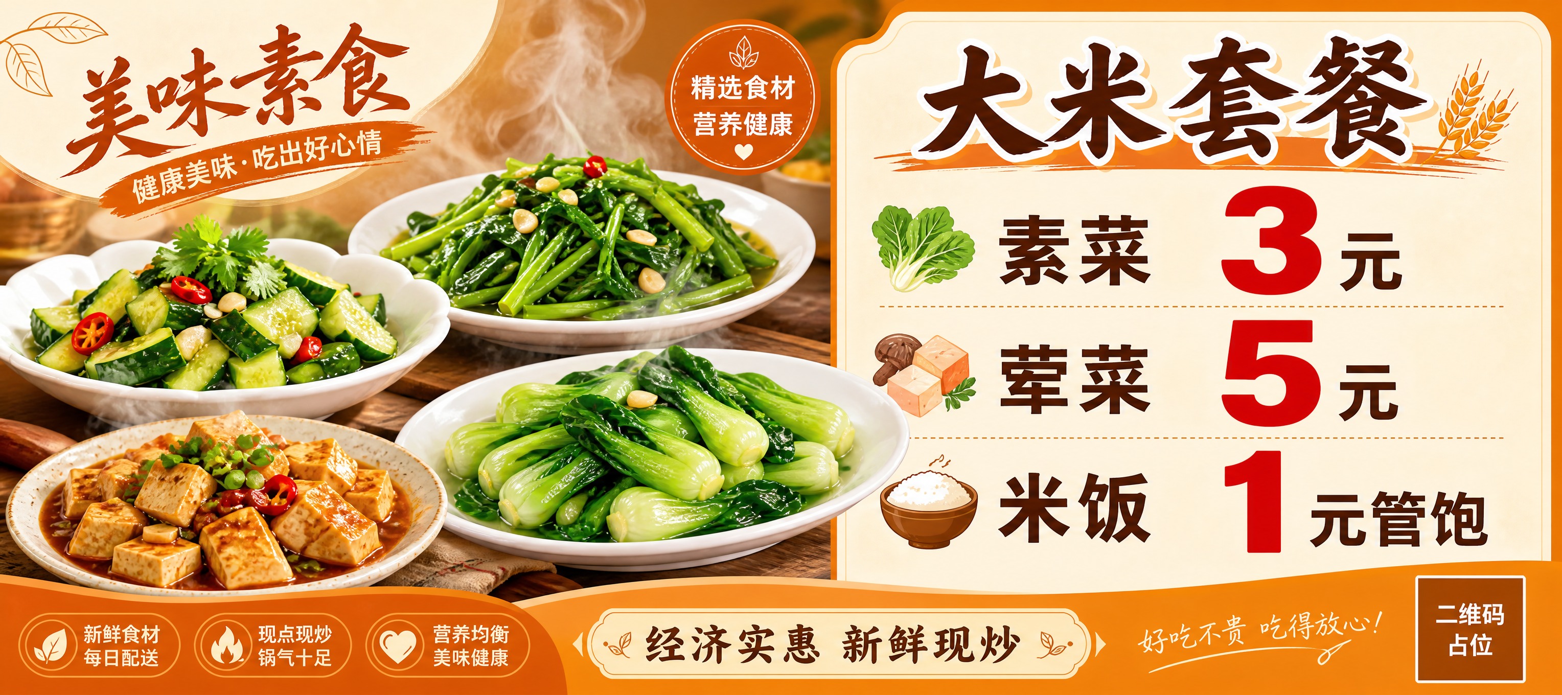 餐饮价目表海报，横版超宽幅，暖橙食欲风格。画面左侧展示多道精美… - 图片创意预览