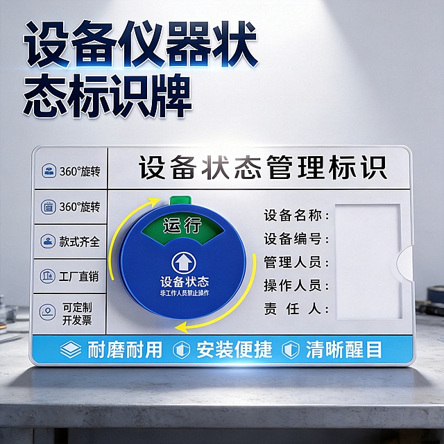 [主图-1] 设备仪器状态标识牌淘宝主图首图
[氛围风格] 专业工业硬核风，清晰展示产品
[画质] 商业摄影质感，光线明快通透，产品清晰真实，画面干净高级
[元素] 设备状态标识牌主体占画面约70%，放置在浅灰色金属工作台面上，保持产品外观（物理结构、材质质感、颜色）与输入产品图绝对一致，杜绝任何变形和色差，精细化处理。左上角放置主标题，侧边叠加卖点短句，底部添加服务卖点图标区域，整体满版排布，主体边缘高光清晰。核心卖点：360°可旋转、工厂直销可定制、破损包赔
[光影] 主光从正面上方打来，产品边缘产生清晰高光，轮廓分明；辅光柔化阴影，背景浅灰色均匀明亮，无脏黑阴影
[配色] 主色调蓝、银白，辅助色黄色点缀，与产品原配色保持一致
[视角构图] 平视角度，景深适中，产品主体完整不裁切，画面满屏无边框
[文字版式] 顶部大字主文案“设备仪器状态标识牌”，深蓝色粗体；侧边分四行排列卖点短句“360°旋转 款式齐全 工厂直销 可定制开发票”，每句带小图标，左对齐；底部横向排列三个服务卖点“耐磨耐用 安装便捷 清晰醒目”，配对应图标，浅蓝底白字；所有文字清晰可读，与背景对比强烈，不遮挡产品主体
[比例分辨率] 1:1比例，2K分辨率，文字清晰可辨，超高清
[负向提示词] 变形，水印，文字错乱，产品图模糊，背景杂乱，廉价感，玩具感