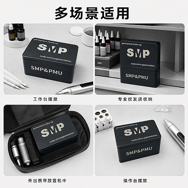 [主图-4] SMP纹发专用方盒适用场景展示；[氛围风格] 专业简洁高品质风格；[画质] 商业摄影质感、光线柔和通透、产品清晰真实、画面干净高级；[元素] 四宫格构图展示SMP纹发方盒在不同专业场景的使用：第一格工作台摆放、第二格专业纹发店收纳、第三格外出携带放置包中、第四格操作台摆放。产品在每个格子中保持原外观即物理结构、材质质感、颜色与输入产品图绝对一致，杜绝任何变形和色差，精细化处理。每个格子背景为浅灰色调，整体画面干净有序；[光影] 每个场景光线均匀一致，整体光影统一柔和，突出产品在不同场景的适用性；[配色] 整体背景灰白色调，黑色产品主体，简洁专业；[文字版式] 顶部居中放置大字文案 "多场景适用"，黑色粗体，每个场景下方标注对应场景名称，小字黑色清晰字体；[比例分辨率] 1:1比例，4k分辨率；文字清晰锐利，超高清；[负向提示词] 变形，水印，文字错乱，产品图模糊，背景杂乱