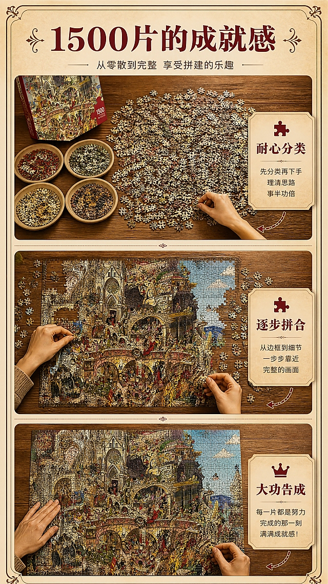 [商品] 使用【图1】HEYE天堂与地狱拼图图案；保留完整插画的色彩与构图；呈现从零散拼图块到逐步拼合的过程感。
[画面] 目标：玩法体验展示，体现1500片的挑战乐趣与成就感。构图：三格纵向分镜，从上到下分别是：第一格散落的拼图堆+分类盘，第二格拼了约三分之一的进度，第三格接近完成的拼图全貌；每格都有手部动作（分拣、拼接、调整），展现拼图过程。背景统一为温暖的木质桌面。阅读动线从上到下跟随拼建进度。
[视觉] 套系策略：风格=欧式复古文艺商业摄影风；标题字=复古衬线粗体；正文字=现代简洁无衬线体；主色=暖棕红+米黄色；背景延展=基于暖棕红与米黄做深浅层级、同色渐变和复古纸张/木质纹理；强调色=酒红色，仅用于小面积图标、引线和标签；标题色=深棕红；正文色=暖灰棕；组件=复古圆角信息卡、细线引线、装饰性花纹边框；光影=顶部均匀暖光，每格画面光线一致。
[文字] 顶部主标题"1500片的成就感"，副标题"从零散到完整 享受拼建的乐趣"，三格画面旁分别标注短文案：「耐心分类」「逐步拼合」「大功告成」；文字简洁不遮挡拼图主体。
[规格] 图片比例9:16竖版，4K，避免变形、错字、文字过小、冷蓝背景、拼图图案失真。