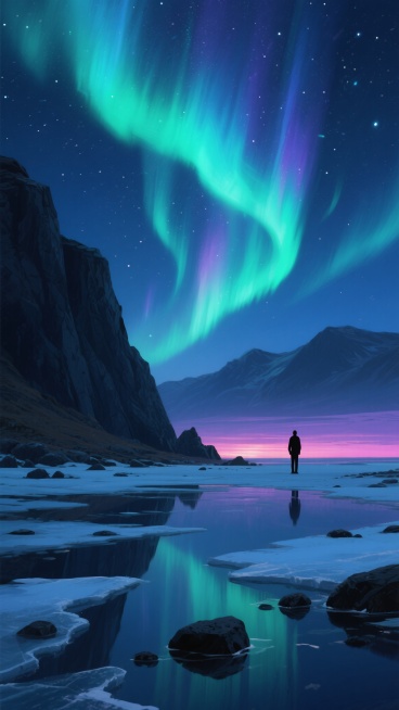 数字艺术风格的奇幻夜景，深邃的深蓝色夜空布满闪烁的星星，绚烂的绿色和蓝紫色极光如灵动光带在天际舞动，左侧是陡峭的深色岩石山壁，右侧远处是连绵的暗色山脉，地平线上有粉紫色的日落余晖映照，地面是覆盖着薄冰的湿地，散落着黑色岩石，水面倒映着极光与天空的色彩，右下角有一个剪影般的黑色人影静静伫立，整体氛围静谧而神秘，光影对比柔和，笔触平滑过渡，构图采用三分法，地平线位于下方三分之一处，突出天空的极光奇观。预览效果