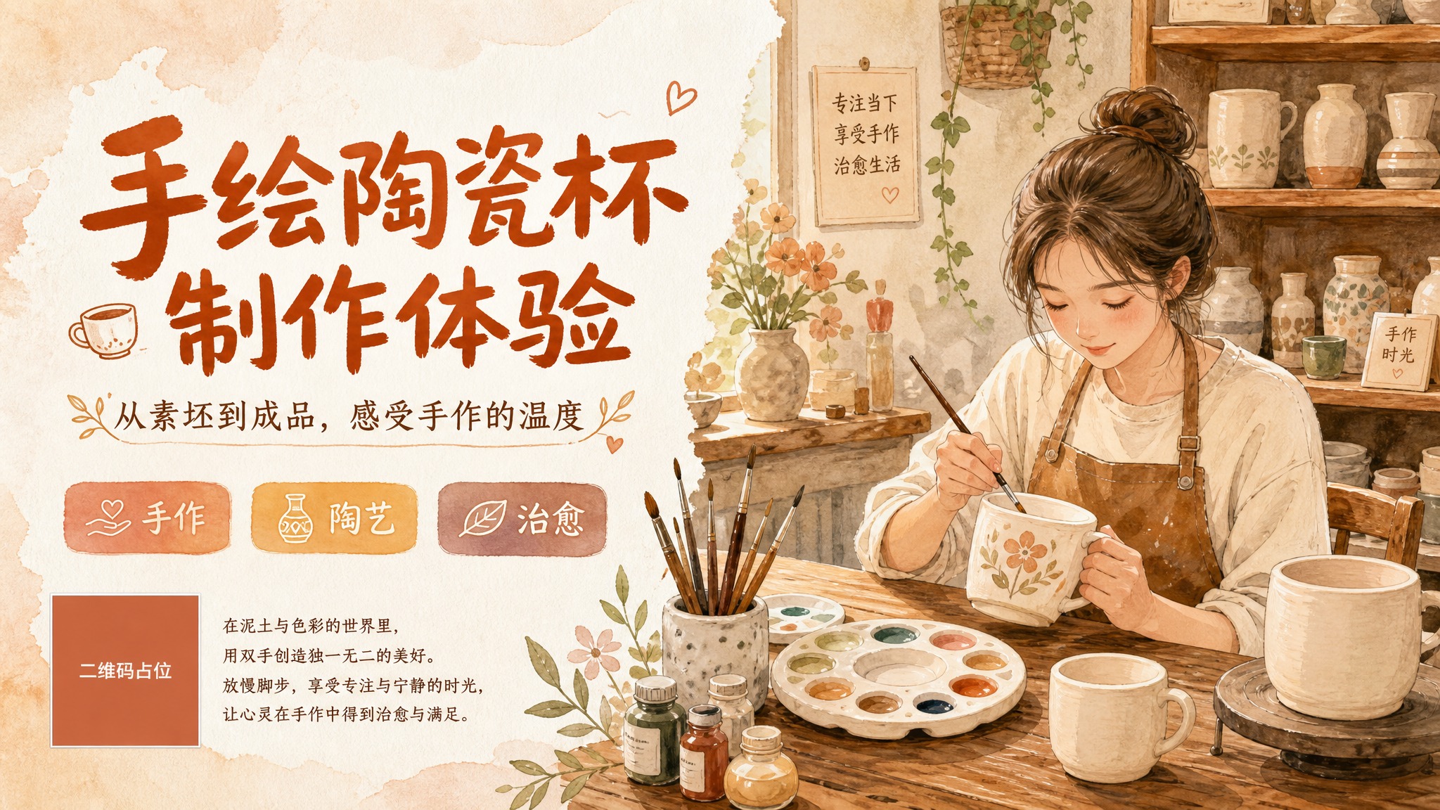 手绘水彩风格PPT首页设计，16:9横版构图，左右分栏版式。左… - 图片创意预览