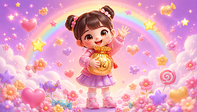 卡通小女孩双手抱着金色乾坤袋，站在满是爱心和星星的背景中，周围漂浮着糖果和小花，小女孩微笑着向观众挥手，画面充满温暖和幸福感，粉紫色渐变背景，有彩虹和云朵装饰，3D卡通风格，温馨治愈