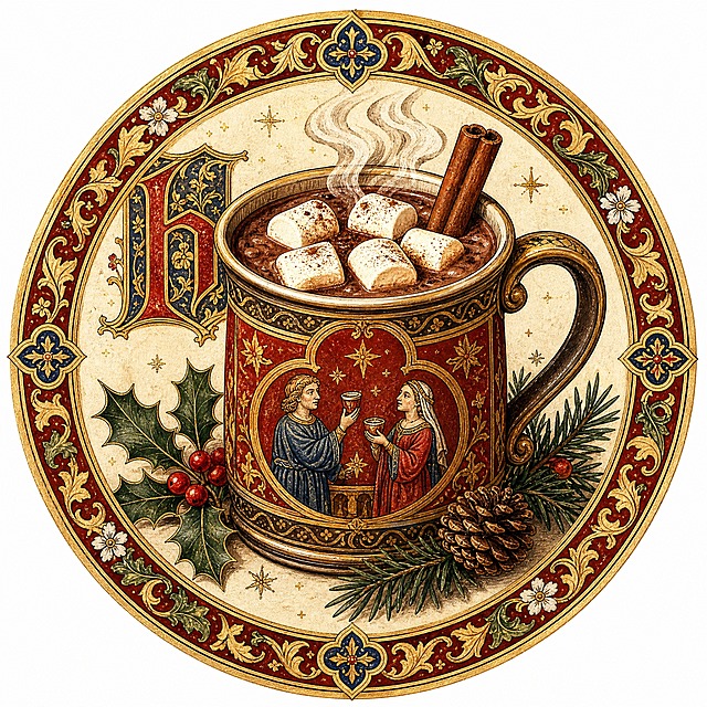 Christmas sticker, medieval illuminated manuscript style, a steaming mug of hot cocoa with marshmallows and cinnamon stick, cozy winter drink, circular composition 800x800, warm brown and cream and red colors, medieval feast manuscript style, isolated on clean white background, e-commerce sticker design, high detail