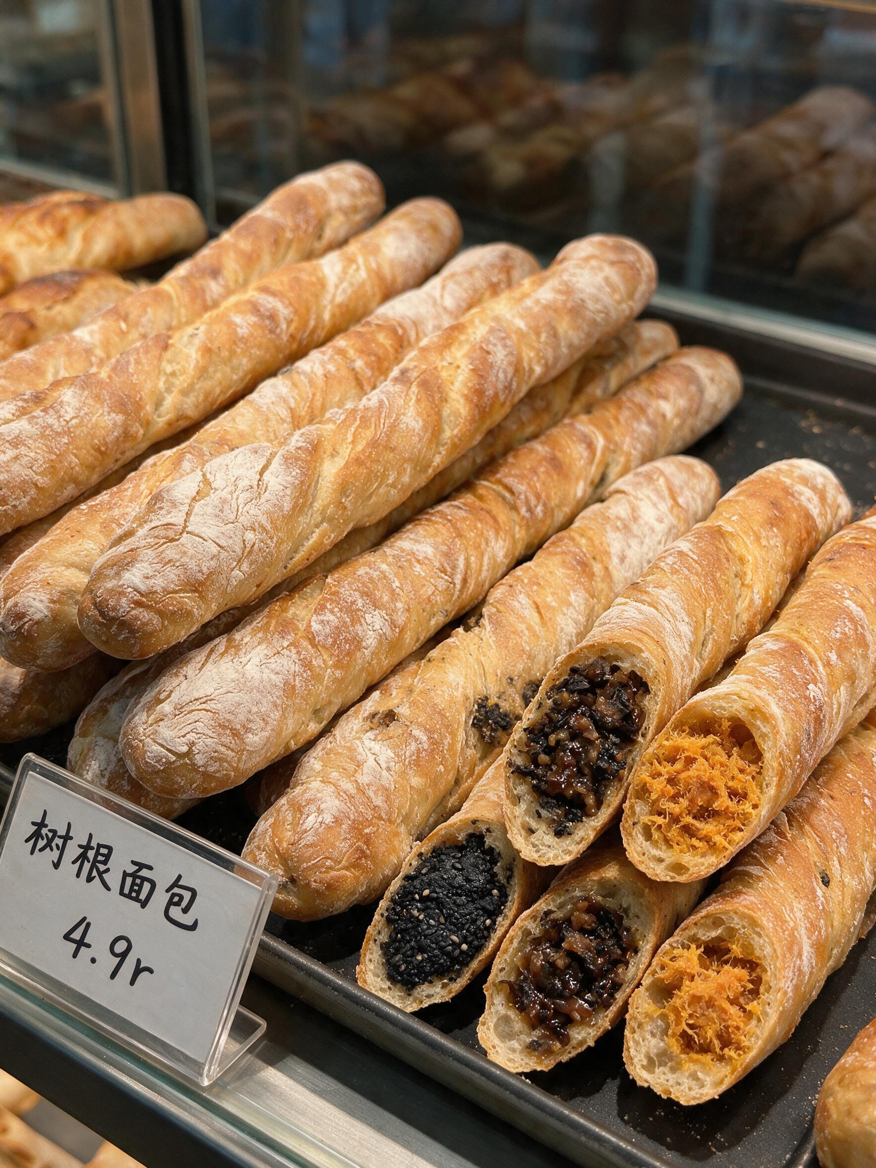 参照第一张图的面包切面展示模板，将第二张图的树根法棍面包整齐摆… - 图片创意预览