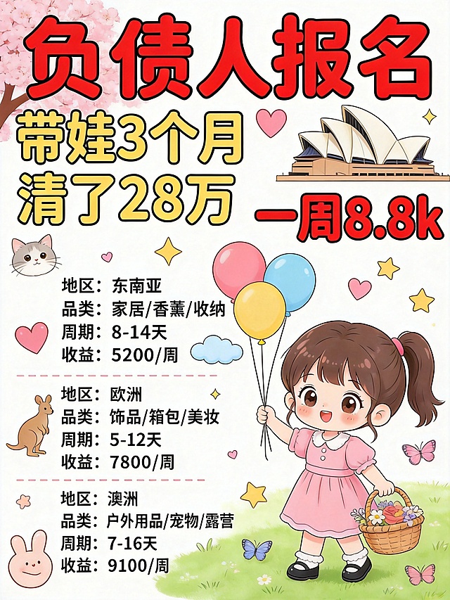 参考这张图生成类似宣传图，比例3:4，保留所有文案内容不变：负债人报名 带娃3个月 清了28万 一周8.8k 地区：东南亚 品类：家居/香薰/收纳 周期：8-14天 收益：5200/周 地区：欧洲 品类：饰品/箱包/美妆 周期：5-12天 收益：7800/周 地区：澳洲 品类：户外用品/宠物/露营 周期：7-16天 收益：9100/周。保持整体排版和配色风格不变，更换卡通图案元素，变换Q版女孩和装饰图案，保持卡通可爱风格
