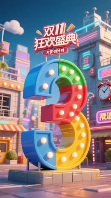 巨型拼接灯牌质感数字 “3”，灯牌以蓝绿红黄四色为主。顶部设置 “双11狂欢盛典” 主题标签（带游戏装饰元素），搭配 “大促倒计时 ”文字，背景为游戏场景建筑，融入炫光、闹钟等装饰元素，整体营造紧迫的预览效果