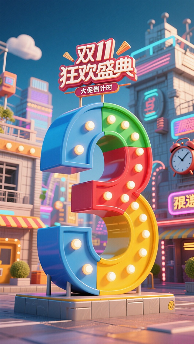 巨型拼接灯牌质感数字 “3”，灯牌以蓝绿红黄四色为主。顶部设置 “双11狂欢盛典” 主题标签（带游戏装饰元素），搭配 “大促倒计时 ”文字，背景为游戏场景建筑，融入炫光、闹钟等装饰元素，整体营造紧迫的促销倒计时氛围