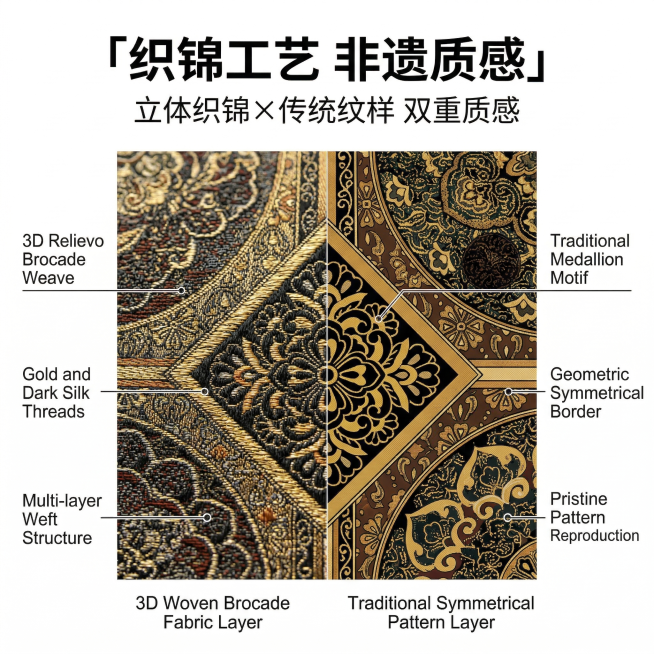 严格还原上传的产品图，包括新中式国风织锦提花的所有细节，尺寸比例保持1:1。商业级电商主图，8K超高清分辨率，专业影棚光效，纯白色背景(Hex #FFFFFF)，无任何阴影，极致锐利。主体为手提包包身预览效果