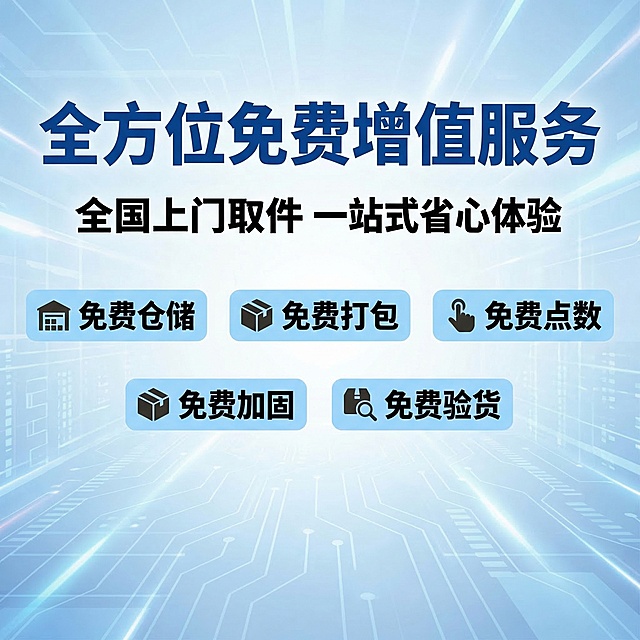 鑫来国际物流增值服务卖点主图 科技蓝色背景 五个免费服务卖点横向排列 每个卖点用圆角浅蓝色标签展示 分别是免费仓储 免费打包 免费点数 免费加固 免费验货 上方大标题"全方位免费增值服务" 副标题"全国上门取件 一站式省心体验" 所有文字为深色粗体 排版整齐 风格清爽专业 信息直观