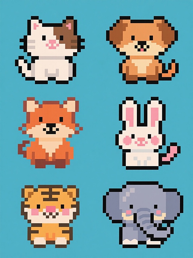 8位像素风格动物集合，纯色背景，6种不同动物规整排布成系列素材，包括像素风格的猫、狗、狐狸、兔子、老虎和大象，每个动物都有独特的造型设计，整体画面色彩进行变换，保持像素块构成的复古电子游戏视觉效果，动物形象可爱圆润，表情呆萌，每个动物占据独立空间，整体布局整齐有序，无文字和二维码元素
