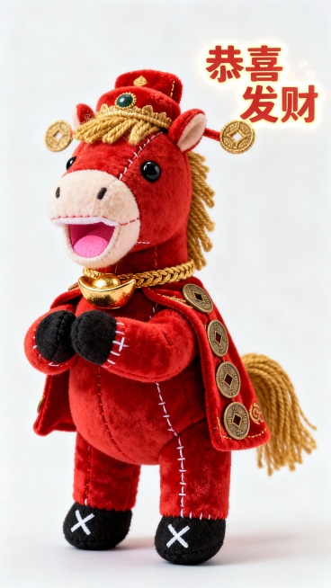 完全相同的红色短绒布马形布偶，
可见缝线针脚与填充接缝，
金色毛线鬃毛和尾巴，黑色纽扣眼带白色十字缝高光，
后腿直立站姿，
双前蹄抱拳作揖，
嘴巴张开露出粉色内衬，
“恭喜发财”四字浮动在右上角，
头预览效果