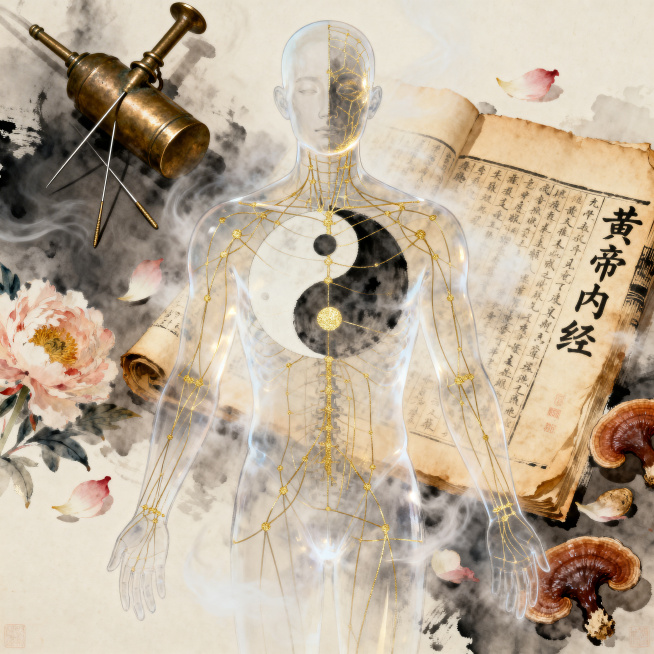 中医视觉象征，阴阳太极图与五行流转交融，纤细的经络线贯穿半透明的人体轮廓，背景中有古铜色的针灸器具、泛黄卷边的《黄帝内经》书页、散落的灵芝与芍药花瓣，水墨氤氲的风格，柔和的鎏金光线，空灵飘渺，细节丰富预览效果