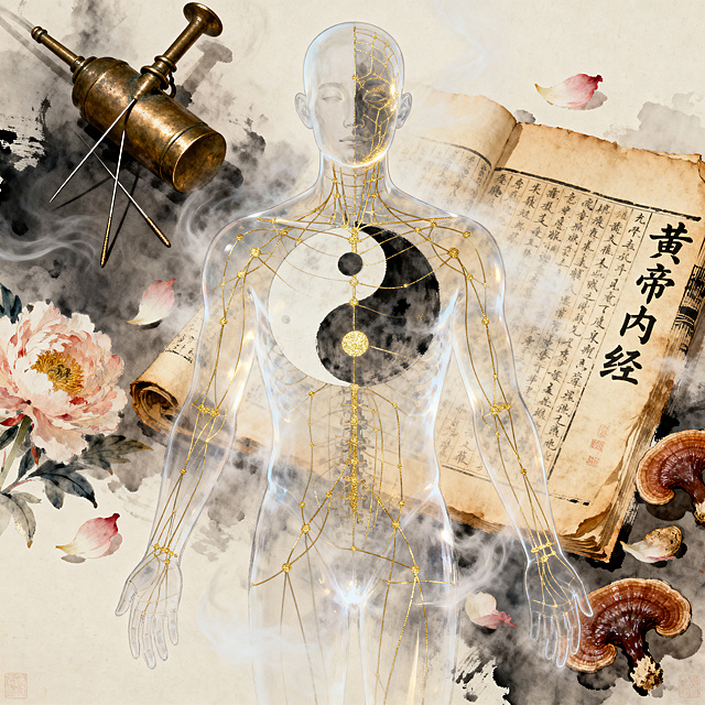 中医视觉象征，阴阳太极图与五行流转交融，纤细的经络线贯穿半透明的人体轮廓，背景中有古铜色的针灸器具、泛黄卷边的《黄帝内经》书页、散落的灵芝与芍药花瓣，水墨氤氲的风格，柔和的鎏金光线，空灵飘渺，细节丰富，呈现深厚的文化底蕴