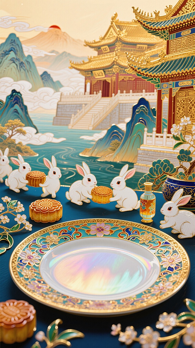 空盘子为视觉中心焦点正对镜头，盘子旁一群兔子正在搬运月饼和桂花酒，背景是宫殿与山河，特写，暖色调