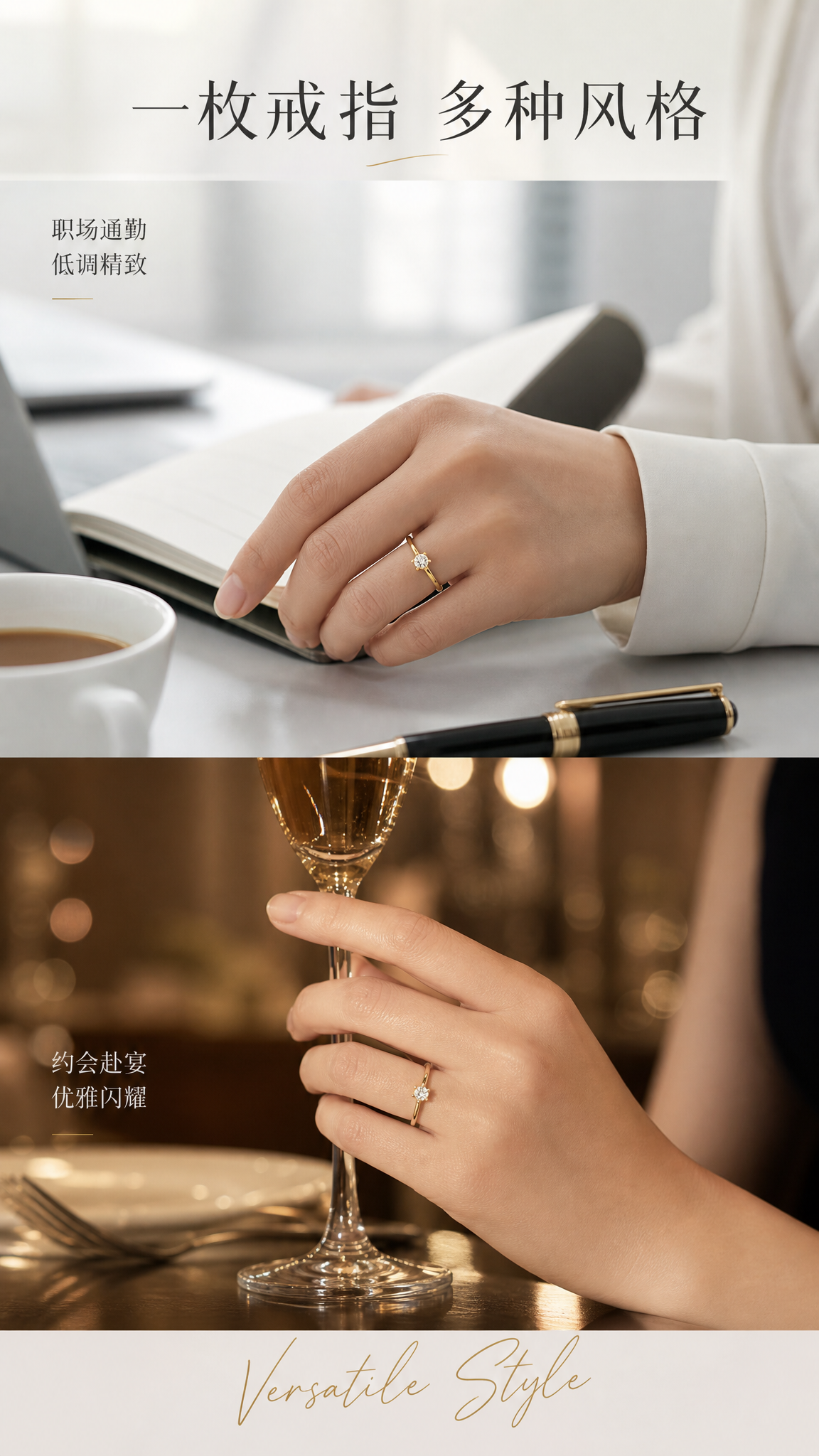 [主图-6] 六爪单钻黄金戒指 多场景佩戴展示。 [氛围风格]… - 图片创意预览