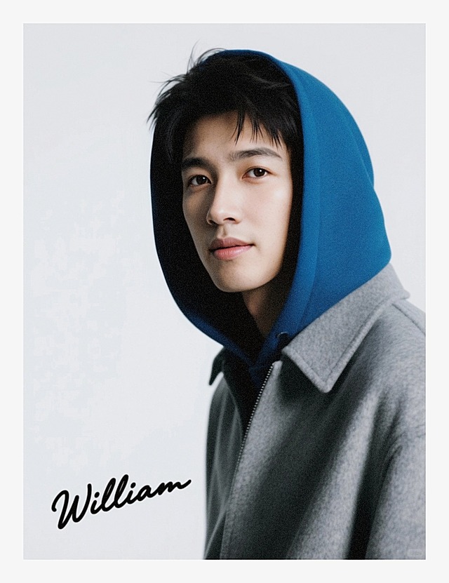 一个帅哥，白色背景，加强明暗对比，强曝光低饱和，画面左下方带有斜侧黑色英文签名体花字“‌‌William”