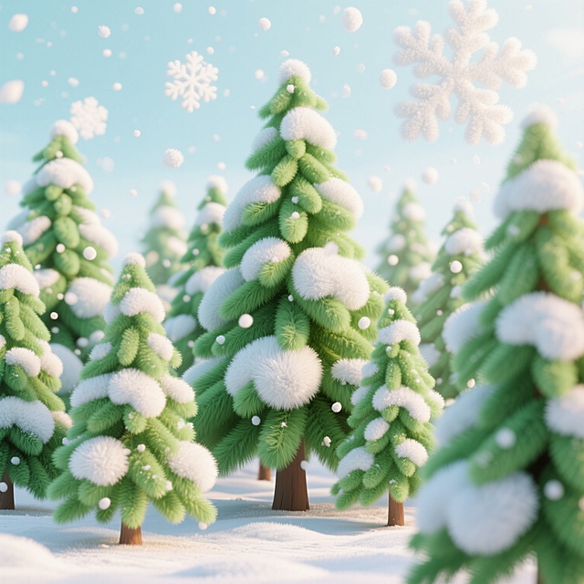 梦幻清新的软3D雪松林，毛发生长质感搭配飘雪，营造卡通感十足的虚拟自然圣诞场景。