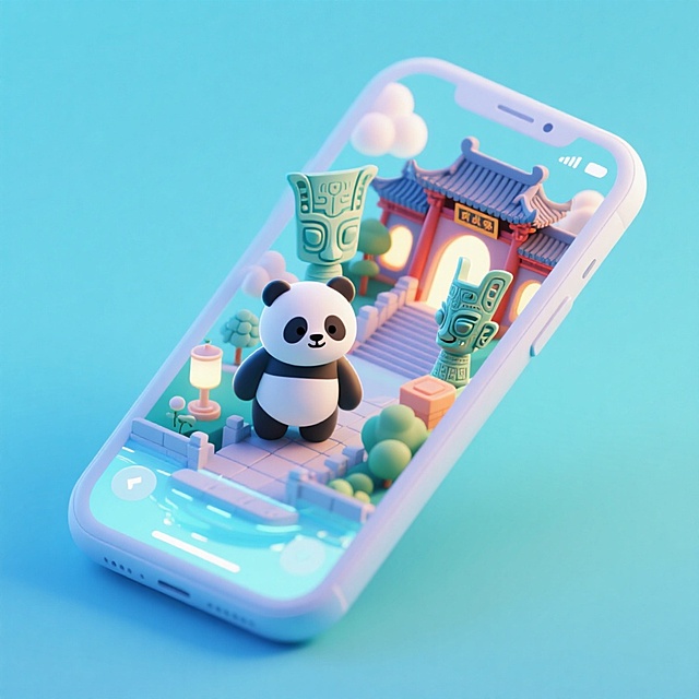 一个手机创意微缩场景，手机平放，侧面对着观众，手机俯视角度，立体的成都景观从屏幕内出来，有熊猫，三星堆，武侯祠，整体色调立体魔幻。青色背景。具有梦幻感,打光营造出柔和氛围强调梦幻和未来感的美学。