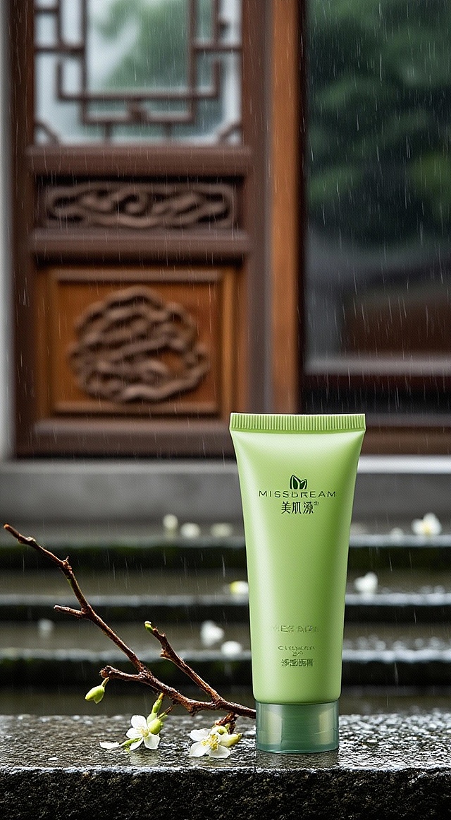 国潮风融合水墨意境，轻拟物设计呈现清新柔和质感，雨中古门与花枝衬托静谧实景，传递中式美学的舒适与雅致。