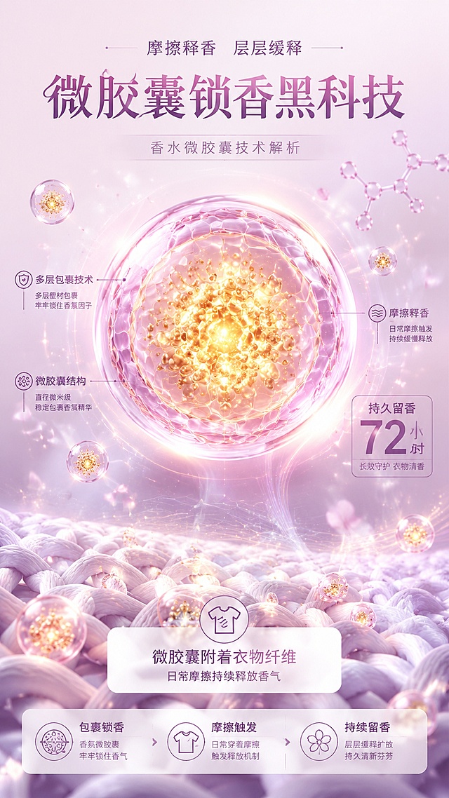 [第3屏] 详情页成分机理-香水微胶囊技术解析。本屏为成分技术专屏，重点展示技术原理与留香机制。
[氛围/风格] 科技柔美结合，科研实验质感，专业可信。
[元素布局] 画面中央是放大的透明微胶囊球体结构，占画面40%以上，胶囊外壳带粉色光泽，内部包裹金色香氛粒子；周围飘散多个大小不一的微胶囊和樱花香气分子；底部有衣物纤维放大示意图，显示微胶囊附着在纤维表面的状态；背景为渐变粉紫色，带柔和科技网格线和光点。
[光影质感] 中心聚光效果，微胶囊有通透玻璃质感和内部发光效果，整体科技感强，层次分明。
[配色色系] 全局底色 #F8E8F0；主色粉紫渐变；辅助色金色、白色、淡蓝色。
[视角构图] 中央主体放大展示，上下分布信息，阅读动线从顶部标题到中心主体再到底部说明。
[文字版式] 顶部主标题「微胶囊锁香黑科技」；上方配技术说明：「摩擦释香 层层缓释」；底部配纤维示意图说明文字：「微胶囊附着衣物纤维 日常摩擦持续释放香气」；右侧标注留香时长信息；核心元素放大占屏，文字清晰有层级。
[比例分辨率] 9:16 竖版比例，4K 分辨率，文字清晰可辨，高清画质。
[负向提示词] 文字错乱，文字过小，水印，画面模糊，元素杂乱，比例失调。