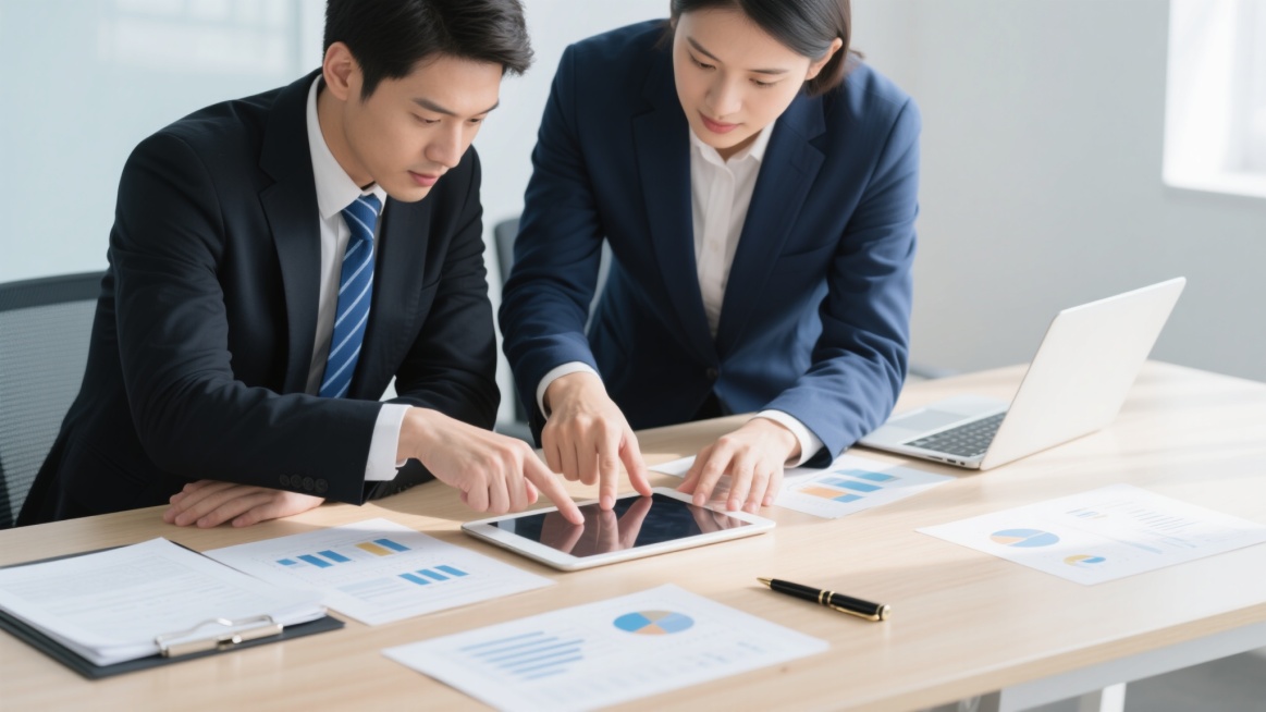 高清写实风格商业办公场景，明亮柔和的自然光从侧上方照射，形成清晰柔和的阴影与适度高光，浅木色办公桌与白色文件形成简洁明快的色彩基调，两位穿着深色西装（一位蓝色条纹领带，一位深蓝色西装）的商务人士正专注协作，四只手共同操作平板电脑，桌上散落着带有图表和数据的文件、文件夹及黑色钢笔，展现专业、高效、协作的工作氛围，不同场景的工作背景预览效果