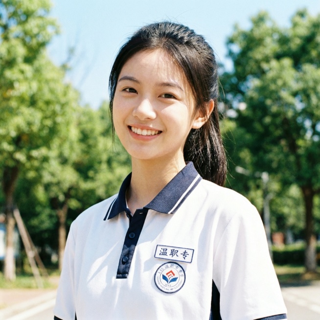 温职专的明媚女学生，面容清爽甜美，发型整齐符合校园仪容仪表规范，穿着和参考图同款的温职专校服，胸前佩戴校徽，神态阳光开朗，笑容治愈，整体是清新校园风格，画面明亮自然预览效果