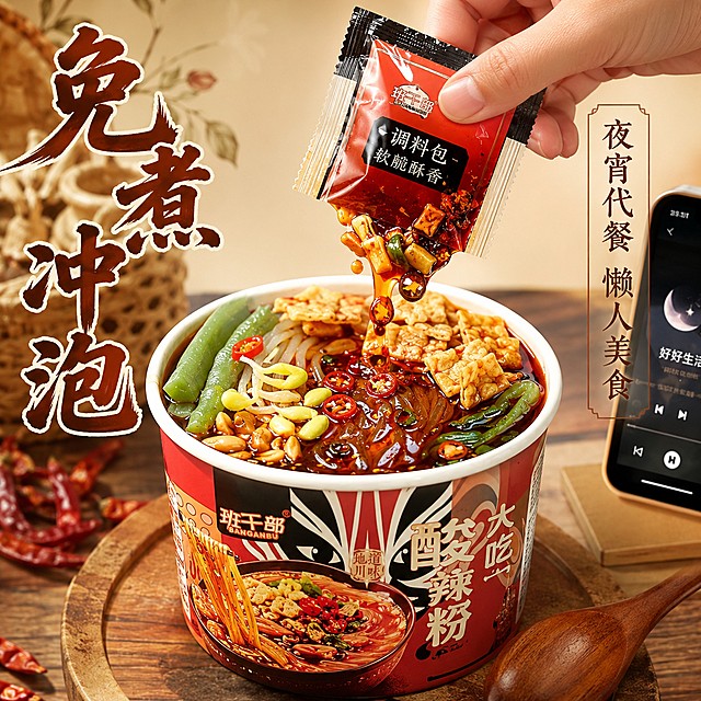 [主图-4] 班干部酸辣粉场景体验主图，浅米金色简约国风背景，展示免煮冲泡即食的懒人场景，一只手正在撕开调料包，冲泡好的酸辣粉大碗放在木质餐桌，旁边放着手机，营造夜宵代餐的生活氛围。画面左侧大字标注"免煮冲泡"，右侧小字标注"夜宵代餐 懒人美食"，保持产品包装和实物与原图一致，红油鲜亮，光线温暖通透，自然生活氛围感。写实商业美食摄影，1:1比例，4k分辨率，超高清，无水印。负向提示词：变形，水印，文字错乱，产品图模糊，背景杂乱。