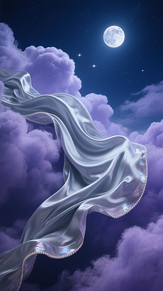 深邃的靛蓝色夜空背景，轻盈飘逸的银灰色丝绸布料以优雅的曲线和褶皱形态悬浮于蓬松的紫罗兰色云朵之间，整体画面呈现出超现实的梦幻氛围，月光与星光交织的光影柔和洒落，色调神秘纯净，云朵质感如同天鹅绒般柔软，丝绸布料边缘带有珍珠母贝般的细腻珠光，展现出极致的轻盈感与流动感，构图开阔空灵，营造出静谧、神秘、治愈的视觉体验。