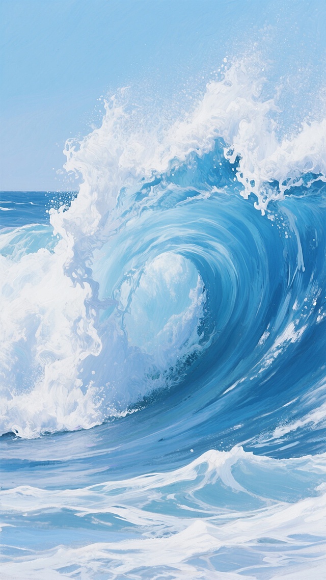 一幅以蓝白为主色调的写实风格海浪油画，画面中央是一道气势磅礴的海上巨浪，浪花造型呈现出更加富有动感和力量感的卷曲形态，浪尖破碎处的白色泡沫细腻而富有层次，海浪内部的蓝色从深邃的靛蓝向明亮的天蓝渐变，展现出丰富的色彩变化和光影效果，整体构图饱满，海浪占据画面主要位置，背景是淡淡的蓝色天空，笔触厚重而富有质感，营造出一种既壮观又略带宁静的海洋氛围。