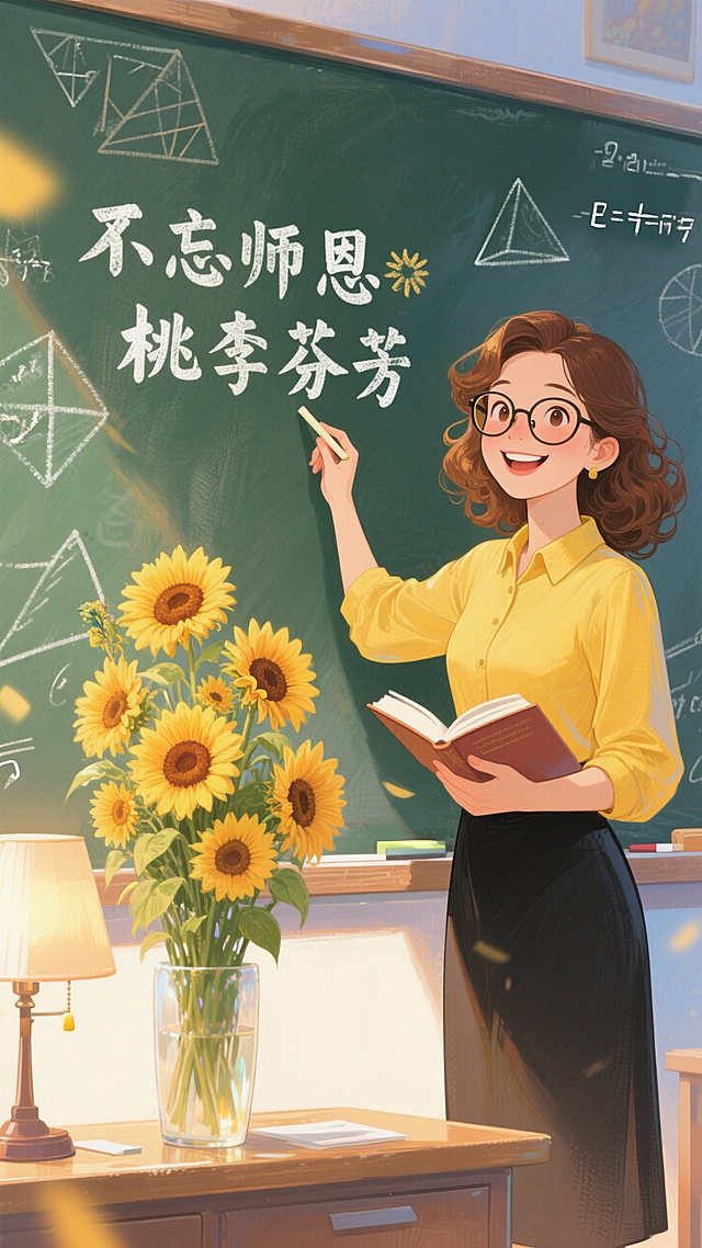 这是一幅充满感恩氛围的教师节主题插画。画面右侧，一位戴眼镜、棕色卷发的女士身着黄上衣、黑裙子，左手持书，右手拿粉笔指向黑板，面带笑容，展现出教师授课的情景。黑板上有几何图形、公式，以及 “不忘师恩 桃李芬芳” 字样，传达对教师的敬意。黑板前摆放着一大束向日葵，象征着阳光与希望，旁边还有台灯，营造出温暖的教学环境。整体画面色彩明亮，表达了对教师辛勤付出的感恩与赞美。