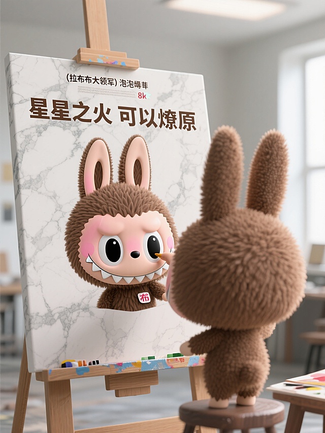 它在画画，画的是浅灰色大理石纹理背景，文字为星星之火可以燎原，背景光源充足的画室